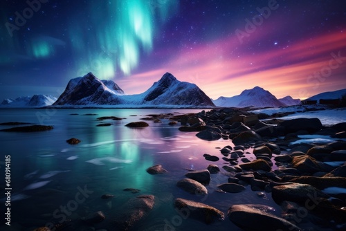 photograph of Aurora borealis, pink and purple, (northern lights) over mountains with Skagsanden beach, Lofoten Islands, Norway photo