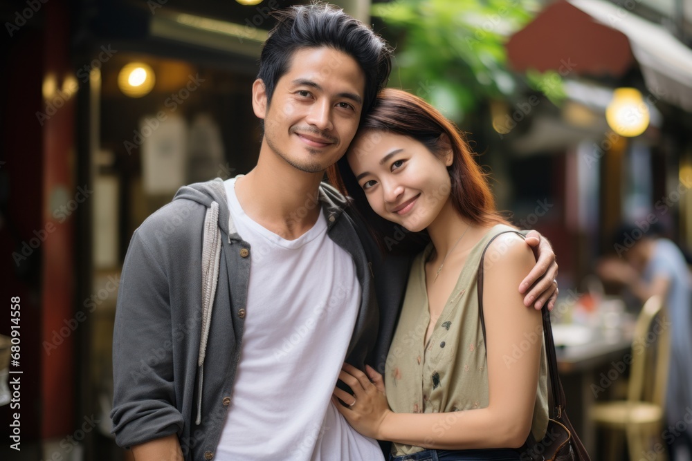 photograph of Love couple are smiling for the camera while standing in front of the Chiang Mai city Thailand photograph of Love couple are smiling for the camera while standing in front of the Chiang Mai city Thailand