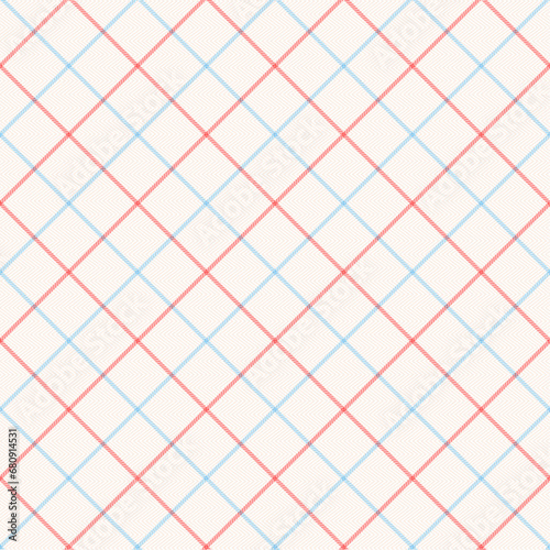 Check Plaid Seamless, Diagonal Gingham White, Light Blue and Famingo Pink, Tartan Simple Windowpane Classic Line Grid with Herringbone Pattern