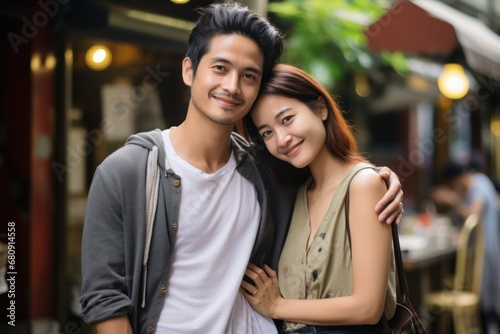 photograph of Love couple are smiling for the camera while standing in front of the Chiang Mai city Thailand