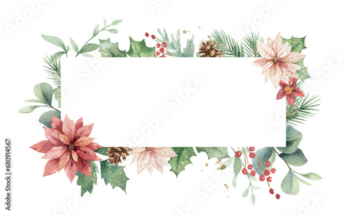 Watercolor vector Christmas floral frame illustration. Hand painted poinsettia flowers, pine tree branches, red berries. Perfect for wedding invitations, holiday card, stationery, decoration.