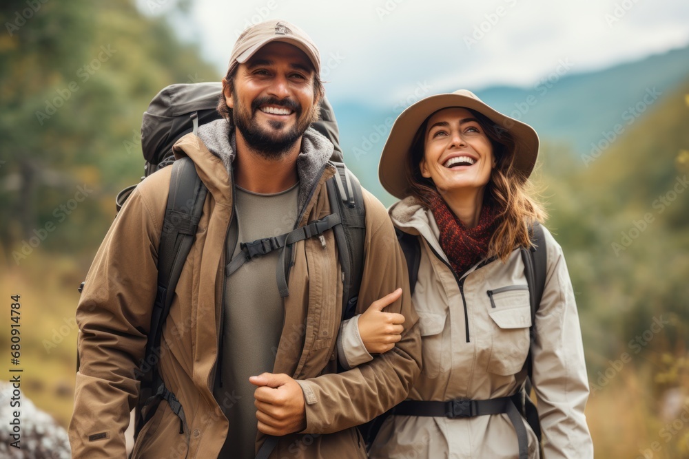 Love couple tourists and travellers hiking in nature, walking and smiling