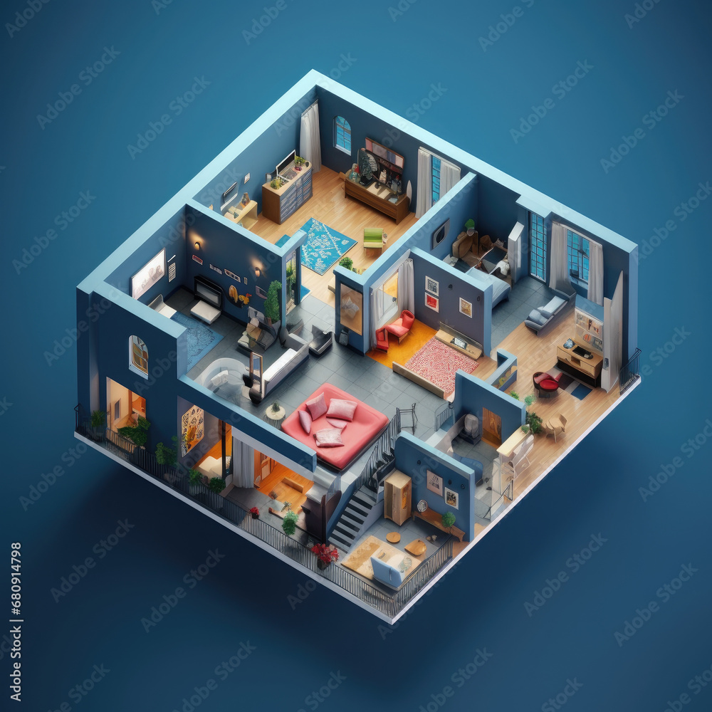 Naklejka premium 3D model house floor plan with a view of furnished rooms inside, isometric, AI Generated