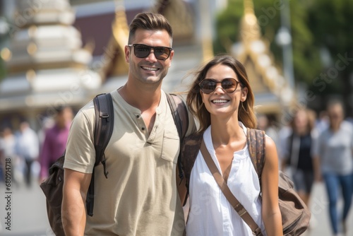 Love couple tourists and travelers, walking in Wat Phra Si Mahathat Bangkok thailand and smiling