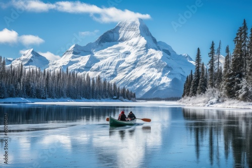 Male and female, two traveler in winter coat canoeing in Spirit Island on Maligne Lake at Jasper national park