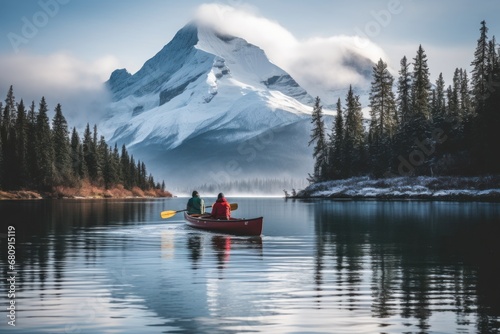 Male and female, two traveler in winter coat canoeing in Spirit Island on Maligne Lake at Jasper national park