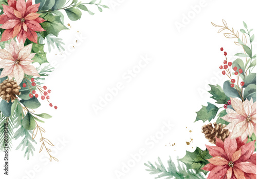 Watercolor vector Christmas floral card illustration. Hand painted flowers, p...