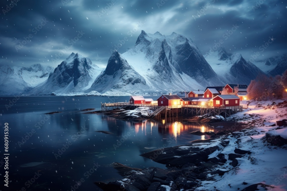 Red rorbu village in winter at night, Milky Way above sea coast, snow covered mountains - obrazy, fototapety, plakaty 