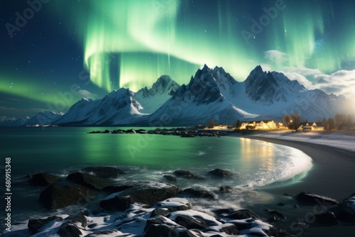 Night winter landscape with aurora, sea coast, beach and snowy mountains