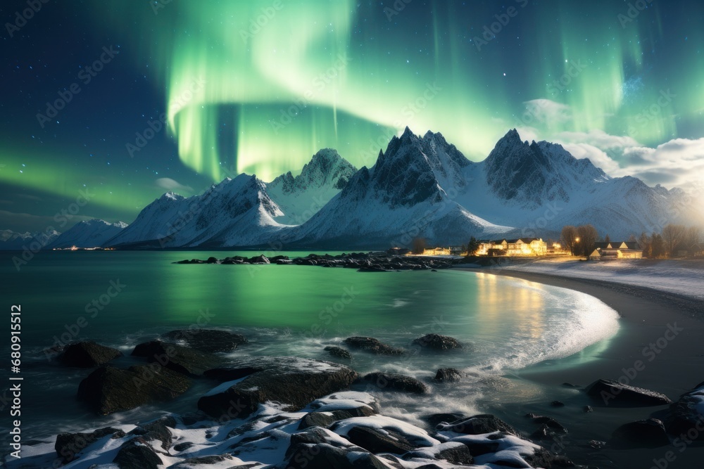 Night winter landscape with aurora, sea coast, beach and snowy mountains