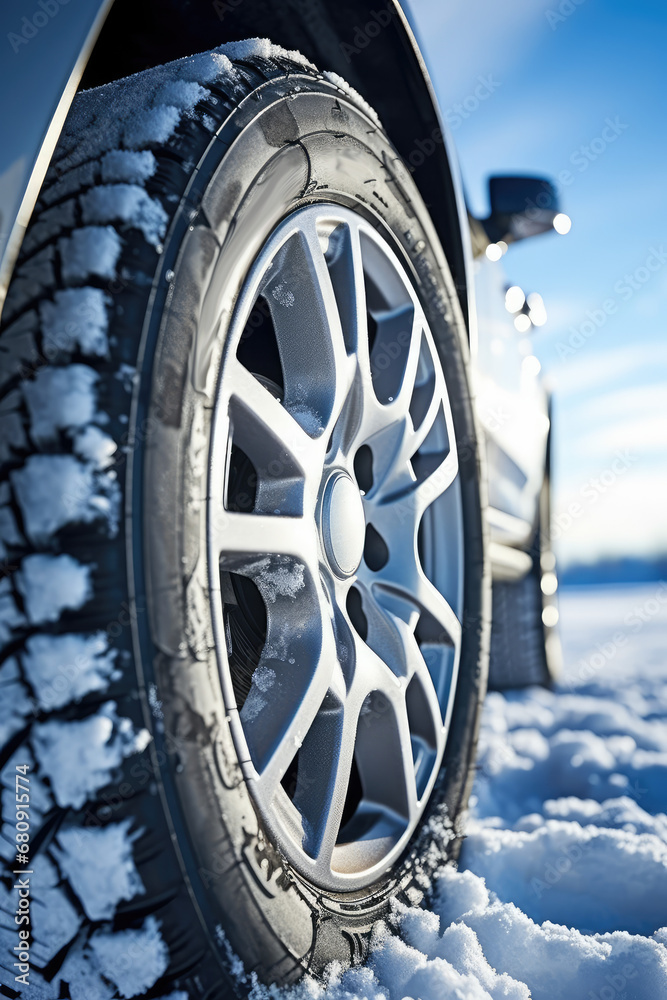 Close-up of a car wheel tire on a winter road. Winter tires, snow on the road, seasonal tires for safety on the road, car maintenance, vertical. Close-up of a car wheel tire on a winter road. Winter tires, snow on the road, seasonal tires for safety on the road, car maintenance, vertical.