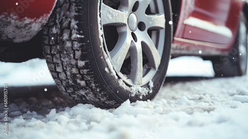 Close-up of a car wheel tire on a winter road. Winter tires, snow on the road, seasonal tires for safety on the road, car maintenance.