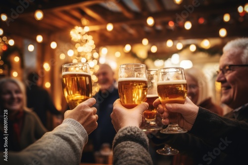 Senior people cheers, making toasts with beer glasses at a party celebration with friends enjoy a warm winter evening.