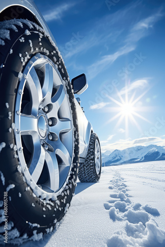 Close-up of a car wheel tire on a winter road. Winter tires, snow on the road, seasonal tires for safety on the road, car maintenance, vertical.