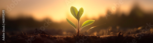 Small green sprout growing from the ground at sunset. Generative AI. Little green sprout appearing from the ground. Awakening of the nature in spring. Sunset at backdrop. Close up