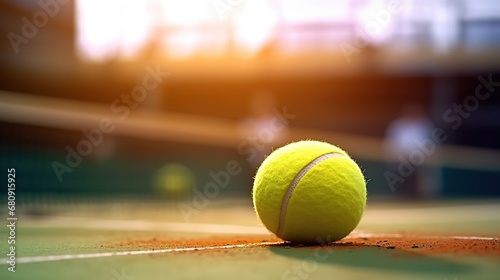 Tennis ball on tennis court with copy space. Selective focus © Daisha