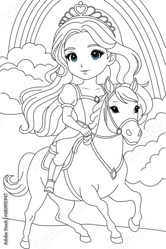 Coloring page cute princess riding horse on the magical rainbow