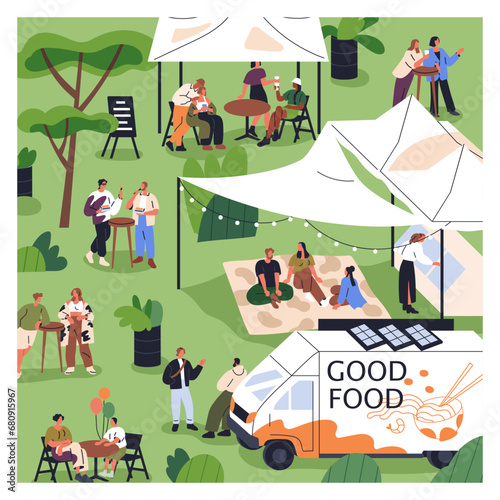 Outdoor open-air festival with street food trucks, tents. Tiny people relaxing in nature, at public picnic in park, relaxing on grass. Characters at summer holiday fest. Flat vector illustration