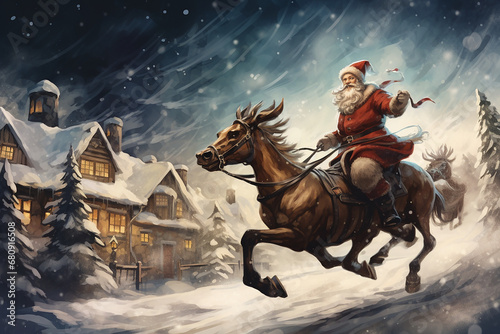 Santa Claus riding the horse, illustration for Christmas card. December Xmas season. winter snowy cold background. Generative AI illustration. 