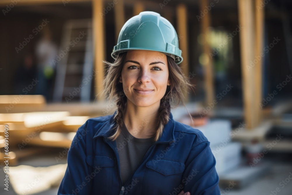A beautiful woman worker wearing a hat to prevent accidents, standing with her arms crossed, confident in the construction contract, housework