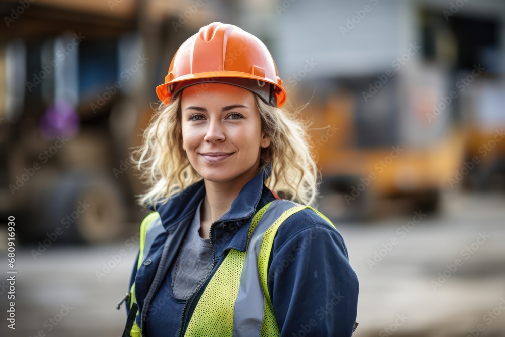 A beautiful woman worker wearing a hat to prevent accidents, standing with her arms crossed, confident in the construction contract, housework A beautiful woman worker wearing a hat to prevent accidents, standing with her arms crossed, confident in the construction contract, housework