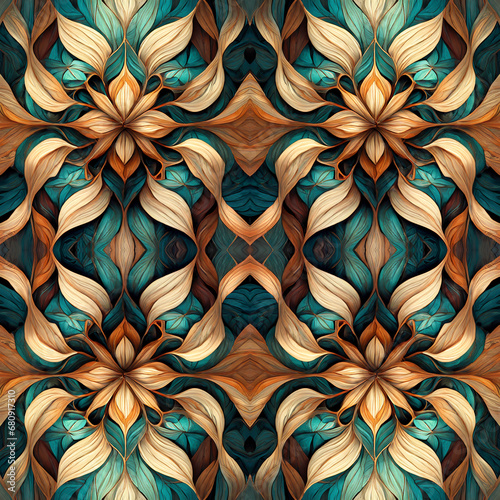 Diseño floral con simetría sin costuras, en tonos de colores dorados y azules