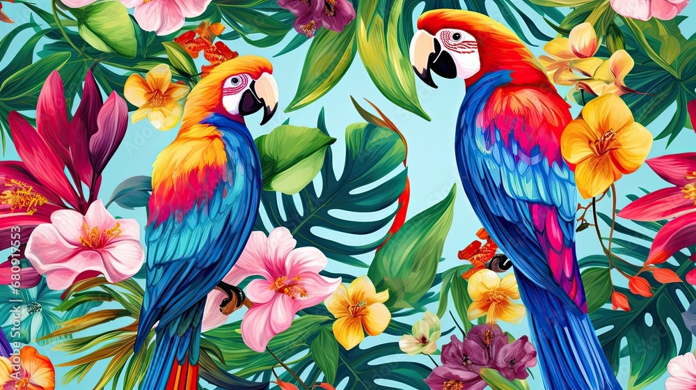 The tropical bird pattern has colorful flowers and bird illustrations