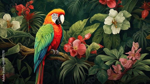 The tropical bird pattern has colorful flowers and bird illustrations © EnelEva