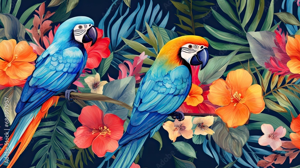 Fototapeta premium The tropical bird pattern has colorful flowers and bird illustrations
