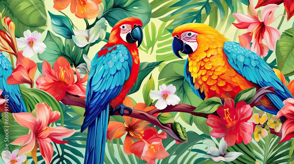 Fototapeta premium The tropical bird pattern has colorful flowers and bird illustrations