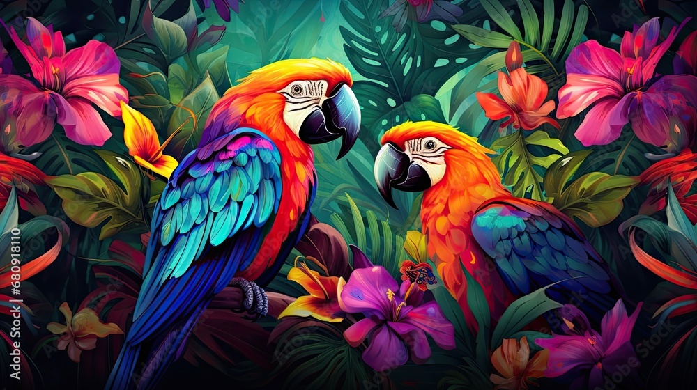 Obraz premium The tropical bird pattern has colorful flowers and bird illustrations