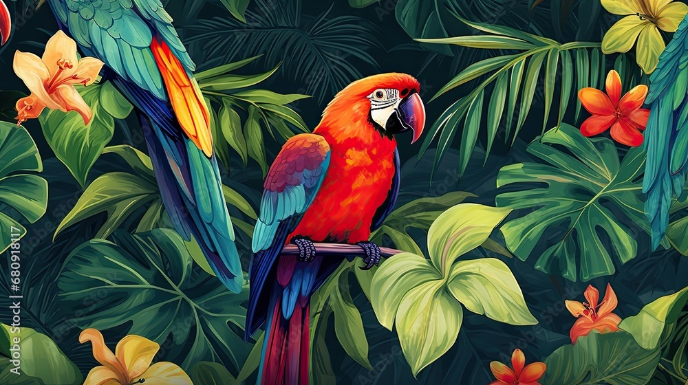 Fototapeta premium The tropical bird pattern has colorful flowers and bird illustrations