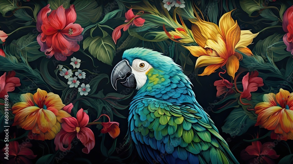Obraz premium The tropical bird pattern has colorful flowers and bird illustrations