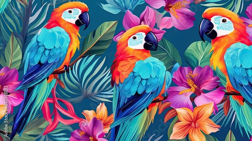 The tropical bird pattern has colorful flowers and bird illustrations