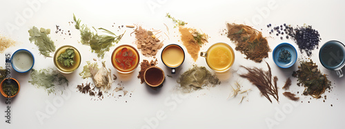 An artistic presentation of organic teas, emphasizing natural colors and textures photo