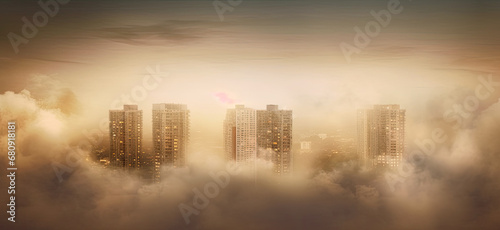 A city surrounded by three residential buildings with a fogfilled sky AI Generated