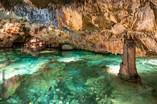 Inner lake of "Cova de s'Aigua" Cave, Menorca Island in Spain