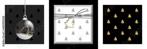Motif avec des sapins or, pour vos papiers cadeaux sur un fond noir, gris ou blanc, avec un modèle d’emballage d’un cadeau et une boule de Noël décorative.