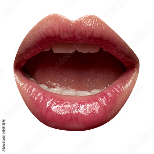 Open female mouth with full, plump with natural gloss lips isolated on transparent background. Moisturizing chap stick for dry lips. photo