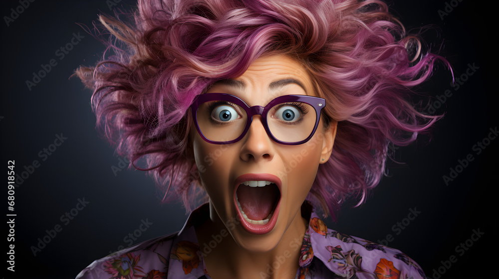 Surprised woman with pink hair in glasses