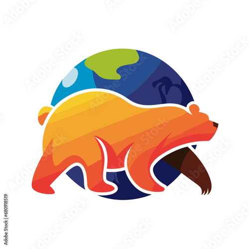 Flat vector logo of a bear wrapped around the earth, suitable for various digital and print applications. Available in EPS, SVG, PNG, and JPEG formats with transparent background. Modern, professional