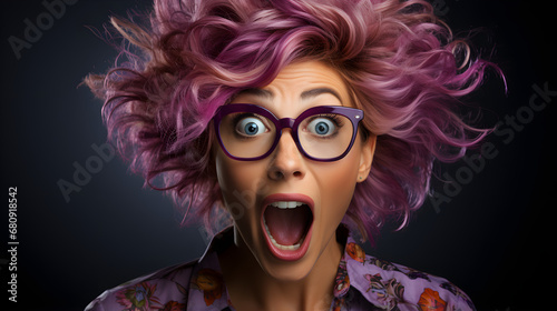 Surprised woman with pink hair in glasses © Kateryna Kordubailo