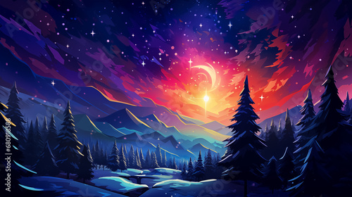 Vibrant winter landscape at night with colorful sky and snowfall over pine trees.