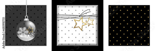 Motif avec des étoiles, pour vos papiers cadeaux sur un fond noir, gris ou blanc, avec un modèle d’emballage d’un cadeau et une boule de Noël décorative.
