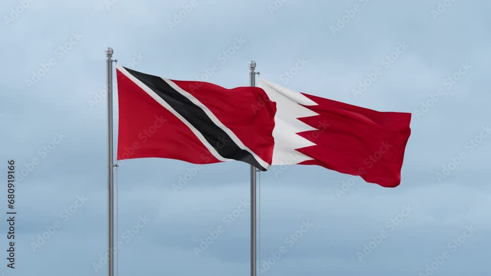 Bahrain flag and Trinidad and Tobago flag waving together on cloudy sky, endless seamless loop, two country relations concept Bahrain flag and Trinidad and Tobago flag waving together on cloudy sky, endless seamless loop, two country relations concept