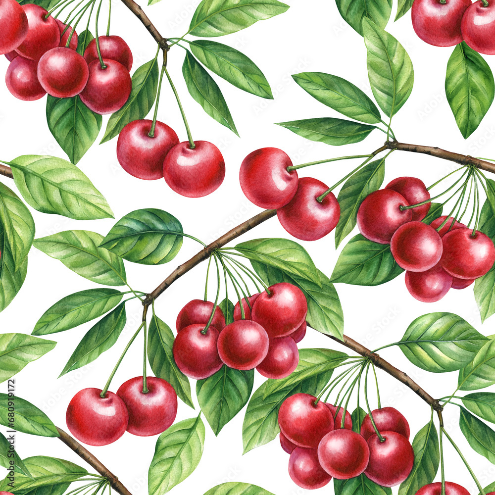 Sweet cherry. Seamless pattern with red berries. Botanical watercolor illustration. Branch with cherry berries, leaves