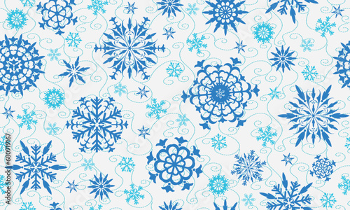 Vector seamless Christmas pattern with blue snowflakes on white