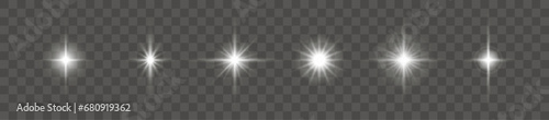 Set of glowing stars on the transparent background. Vector illustration.