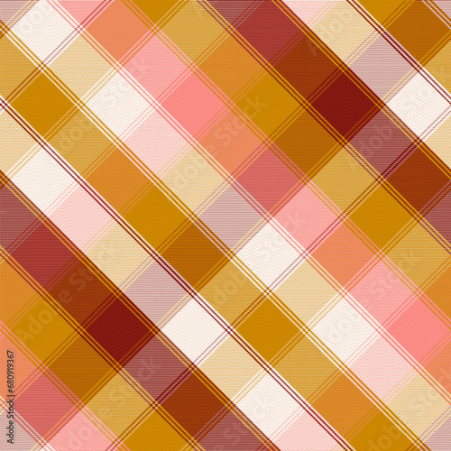 Diagonal Gingham Plaid Midi Skirt, Modern Design Seamless Checkered Texture of Classic Coat Tweed Maroon, Gold, White and Pink Colorful Background.