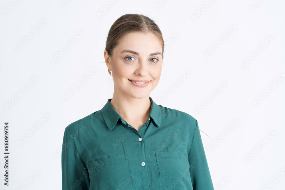 A close-up portrait of attractive young woman with a positive look, a wide smile, a beautiful model posing isolated on a white studio background. Caucasian portrait of a woman A close-up portrait of attractive young woman with a positive look, a wide smile, a beautiful model posing isolated on a white studio background. Caucasian portrait of a woman